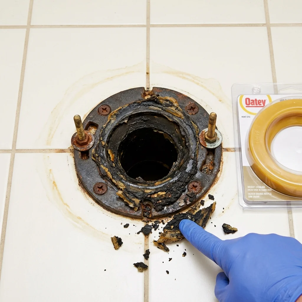 Failed wax ring showing water seepage at the base of a toilet in a White Sulphur Springs, MT home
