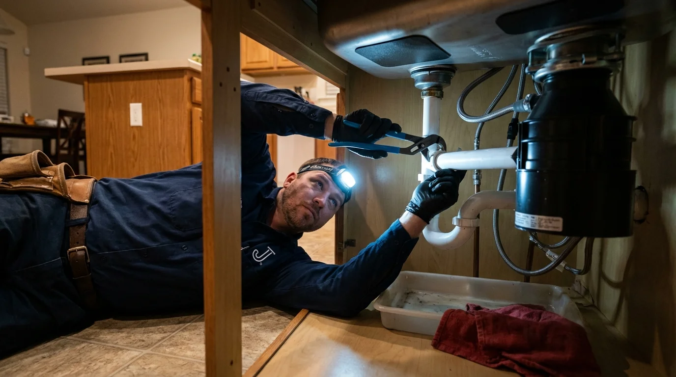 P-trap and supply line connections under a kitchen sink showing a common leak point in White Sulphur Springs, MT